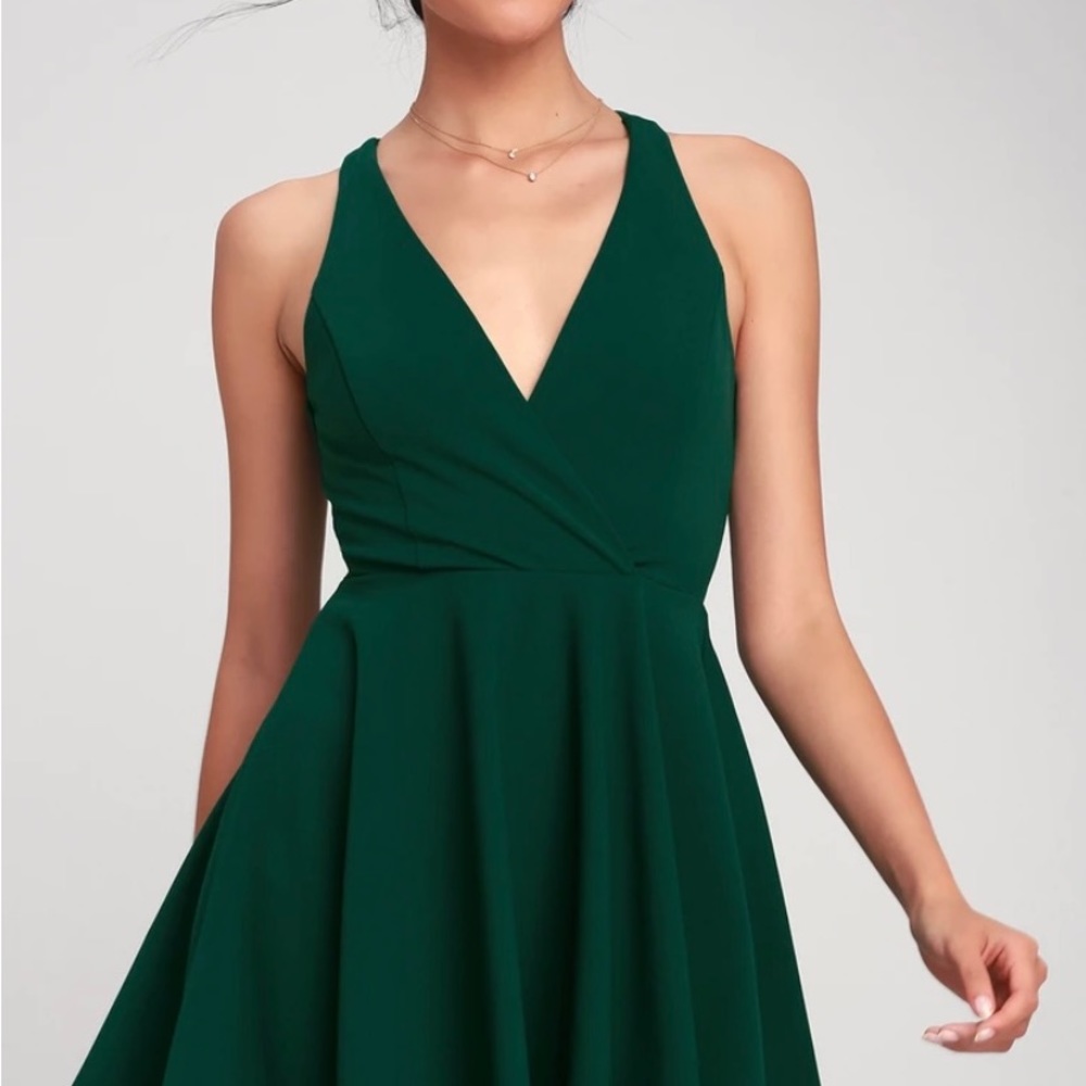 Wonder Whirl Dark Green Twist Back Skater Dress